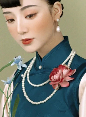 双层珍珠项链旗袍配饰品女夏季中长款锁骨链多层叠戴毛衣链子689