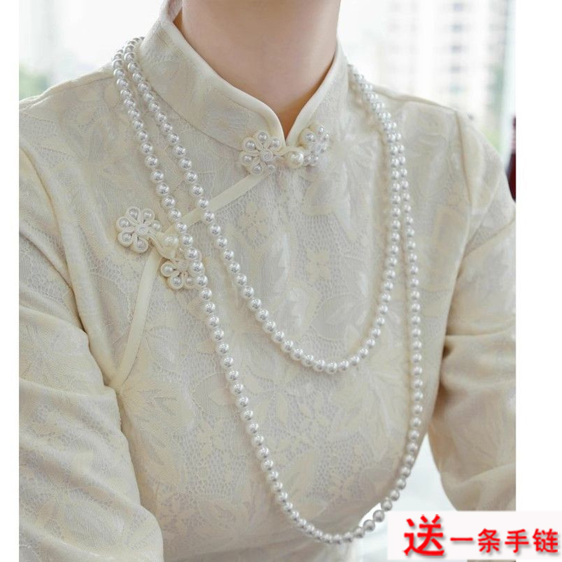 双层珍珠项链配旗袍配饰品女士多层叠戴锁骨链155中长款颈链子030