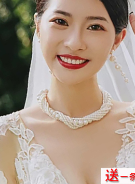 新款多层珍珠项链女款项圈法式结婚拍照项饰颈链锁骨链子短款191