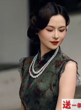 搭配旗袍珍珠项链双层颈链子中长款锁骨链女士多层毛衣链饰品199