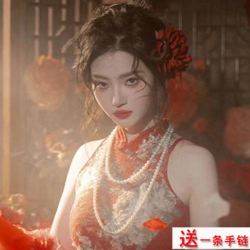 配旗袍珍珠项链中长款双层叠戴