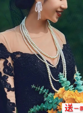 多层珍珠项链女士中长款毛衣链法式复古配礼服颈链子四层项圈205
