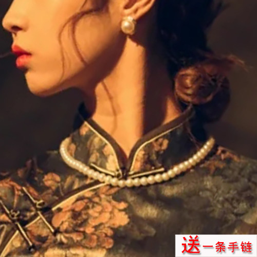 搭配旗袍珍珠项链五层叠戴颈链百搭锁骨链子短款毛衣链子女士538