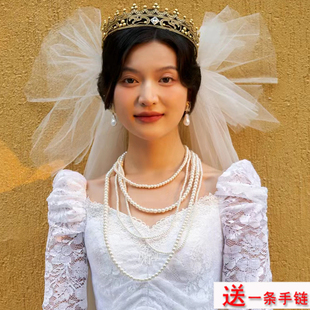 多层珍珠项链叠戴颈链中长款配礼服锁骨链子法式拍照饰品女士076