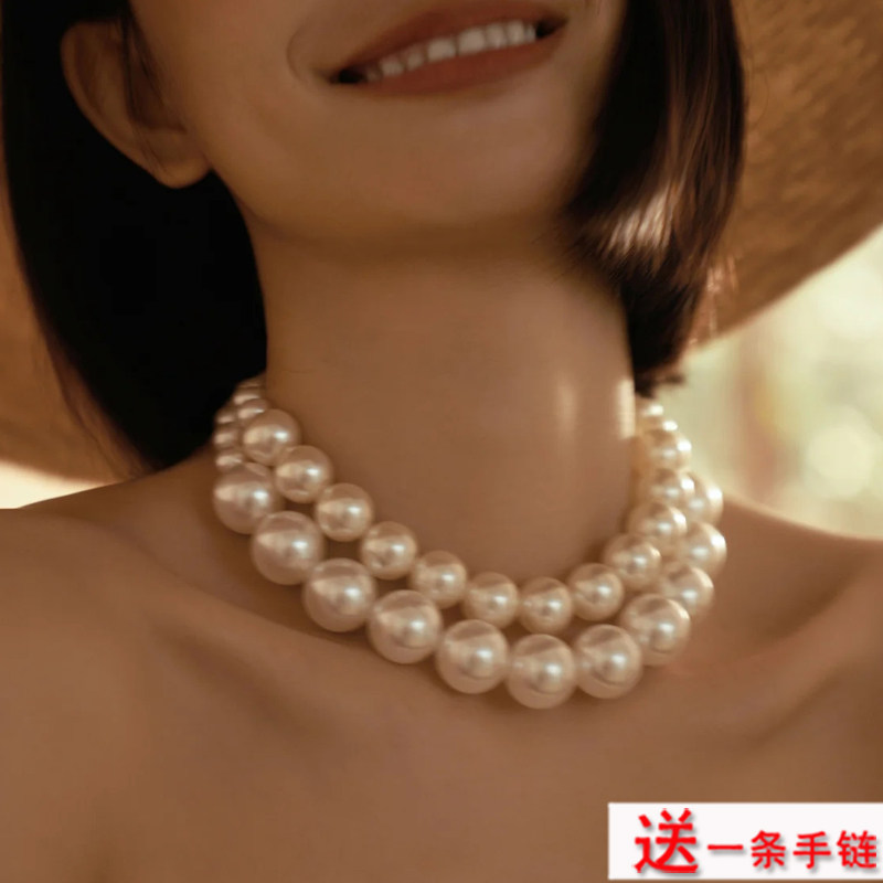 双层珍珠项链摄影拍照配饰品颈链子女士两层多层锁骨链子项圈532