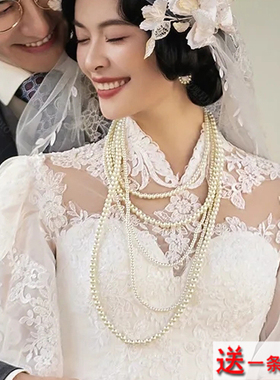 多层珍珠项链配婚纱礼服颈链