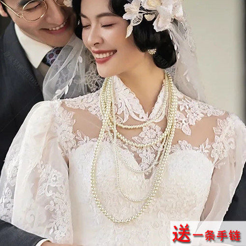 多层珍珠项链配婚纱礼服颈链