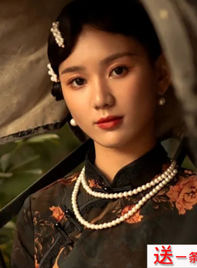 双层珍珠项链配旗袍配饰品女款多层叠戴颈链子锁骨链拍照饰品759