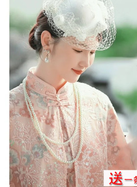 小珍珠项链配旗袍配饰品中长款双层毛衣链女士颈链加长版项饰1382