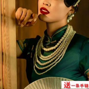 多层叠戴珍珠项链配旗袍配饰品中长款颈链女士锁骨链毛衣链子1951