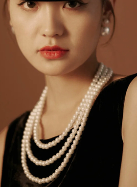 三层珍珠项链晚宴风颈链子多层锁骨链毛衣链子女士气质配饰品1722