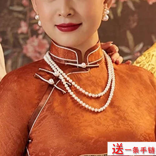 搭配旗袍多层珍珠锁骨链图片