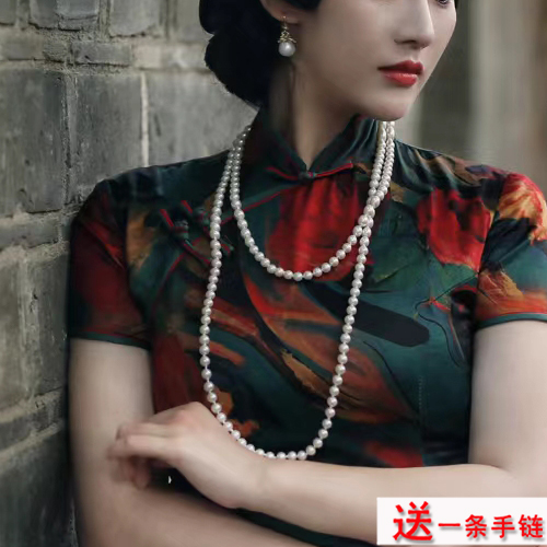 搭配旗袍珍珠项链155cm中长款颈链双层叠戴毛衣链子女士锁骨链100