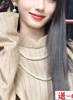 双层珍珠项链新中式配旗袍配饰品女士双层锁骨链颈链子毛衣链539