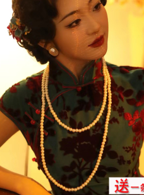 新款夏季双层珍珠项链配旗袍配饰品女多层叠戴中长款毛衣链子420