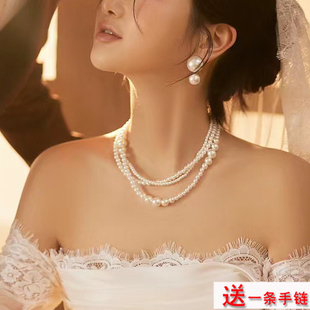 多层珍珠项链颈链女款法式复古多圈锁骨链气质毛衣链子项饰品236