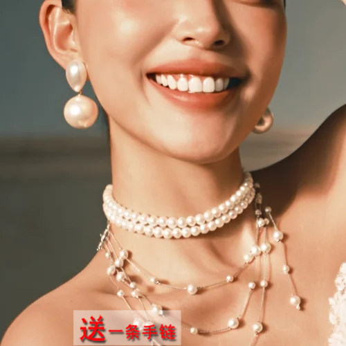 法式复古双层珍珠毛衣链女士图片