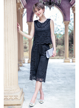 夏季蕾丝两件套装裤子女士时尚套装镂空无袖背心上衣+阔腿裤88090