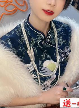 双层珍珠项链配旗袍拍照写真饰品颈链毛衣链中长款锁骨链女士992
