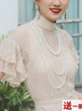 2025新款搭配旗袍珍珠项链中长款女款夏季三层叠戴毛衣链项圈2065