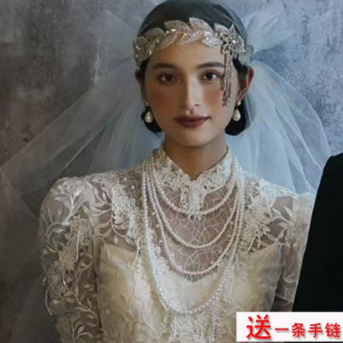 多层叠戴珍珠项链中长款