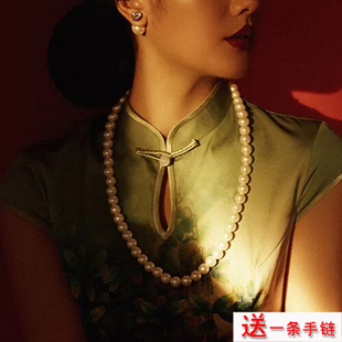 搭配旗袍珍珠项链女中长款 锁骨链颈链60cm配饰品427 毛衣链加长版
