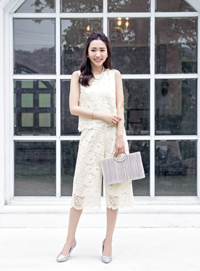 夏季套装蕾丝两件套装裤子女士时尚套装显瘦无袖上衣阔腿裤88090