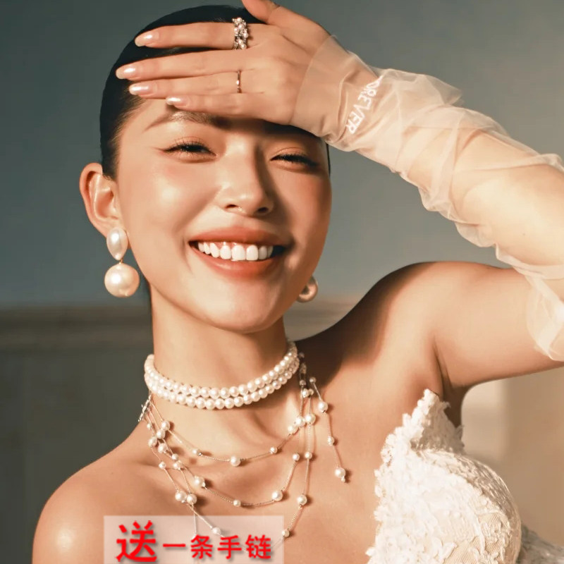 多层珍珠颈链新娘项链女士双层颈带短款法式复古风choker项圈692图片