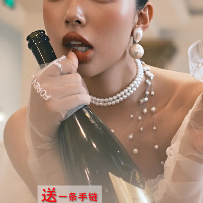 双层珍珠项链颈链女士法式新娘项饰品短款拍照choker毛衣链子692图片
