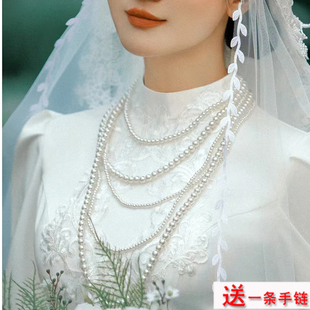 多层珍珠项链配旗袍长款锁骨链新娘配婚纱礼服颈链女士毛衣链041
