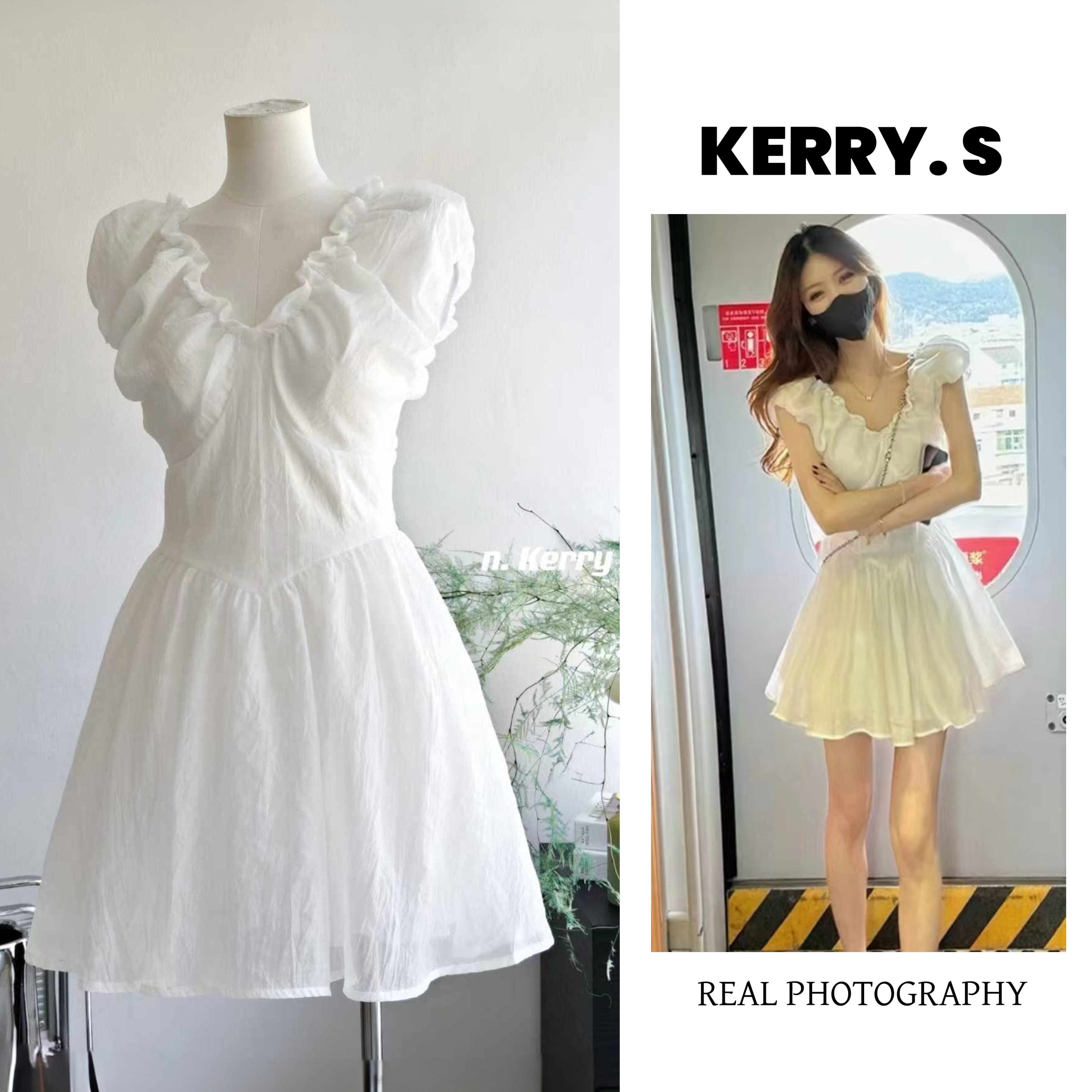 白色v领收腰显瘦甜美仙女短裙