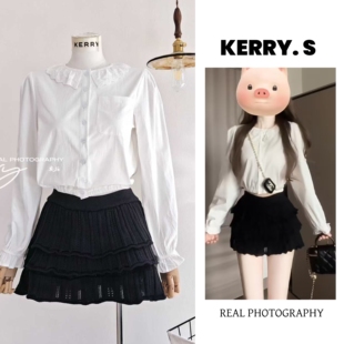 气质蕾丝荷叶边白色衬衫 法式 2025新款 小黑裙套装 Kyoto贵女