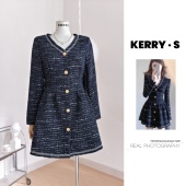 韩系温柔气质名媛小香风富家千金v领盘扣针织连衣裙子女miu系穿搭