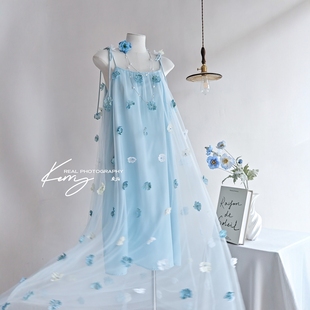 法式 高级感超仙手工立体花朵网纱吊带A字裙婚礼晨袍生日聚会礼服