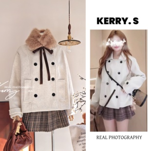 巧克力恋人毛呢外套双排扣大衣女短款 上衣超好看冬裙小香风套装