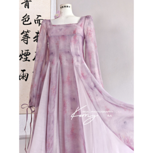 度假裙气质大裙摆灯笼袖 法式 印花浪漫连衣裙 2025夏新款 紫苑云霓