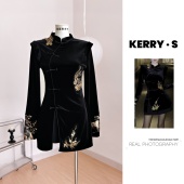 国风刺绣长袖 墨绒花叙 新中式 清冷感立领盘扣上衣秋冬显瘦两件套