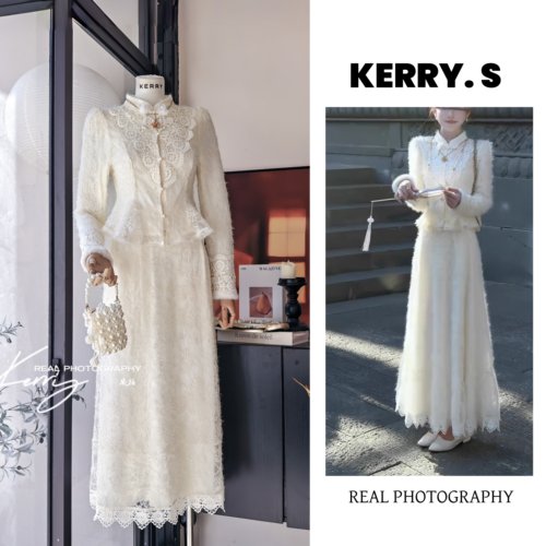 白孔雀新中式国风蕾丝上衣套装