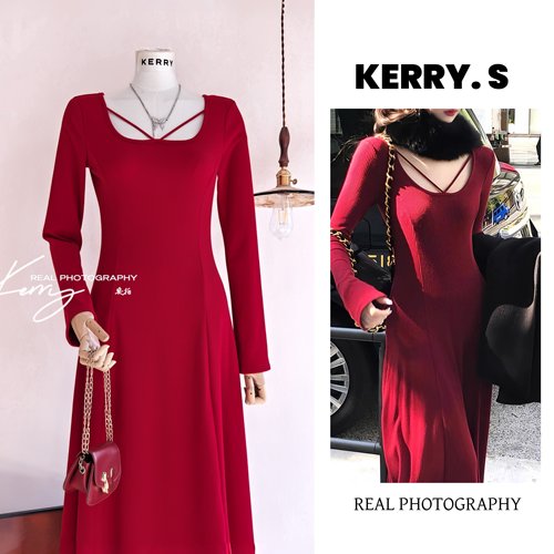 私藏尤物内搭打底红色针织连衣裙