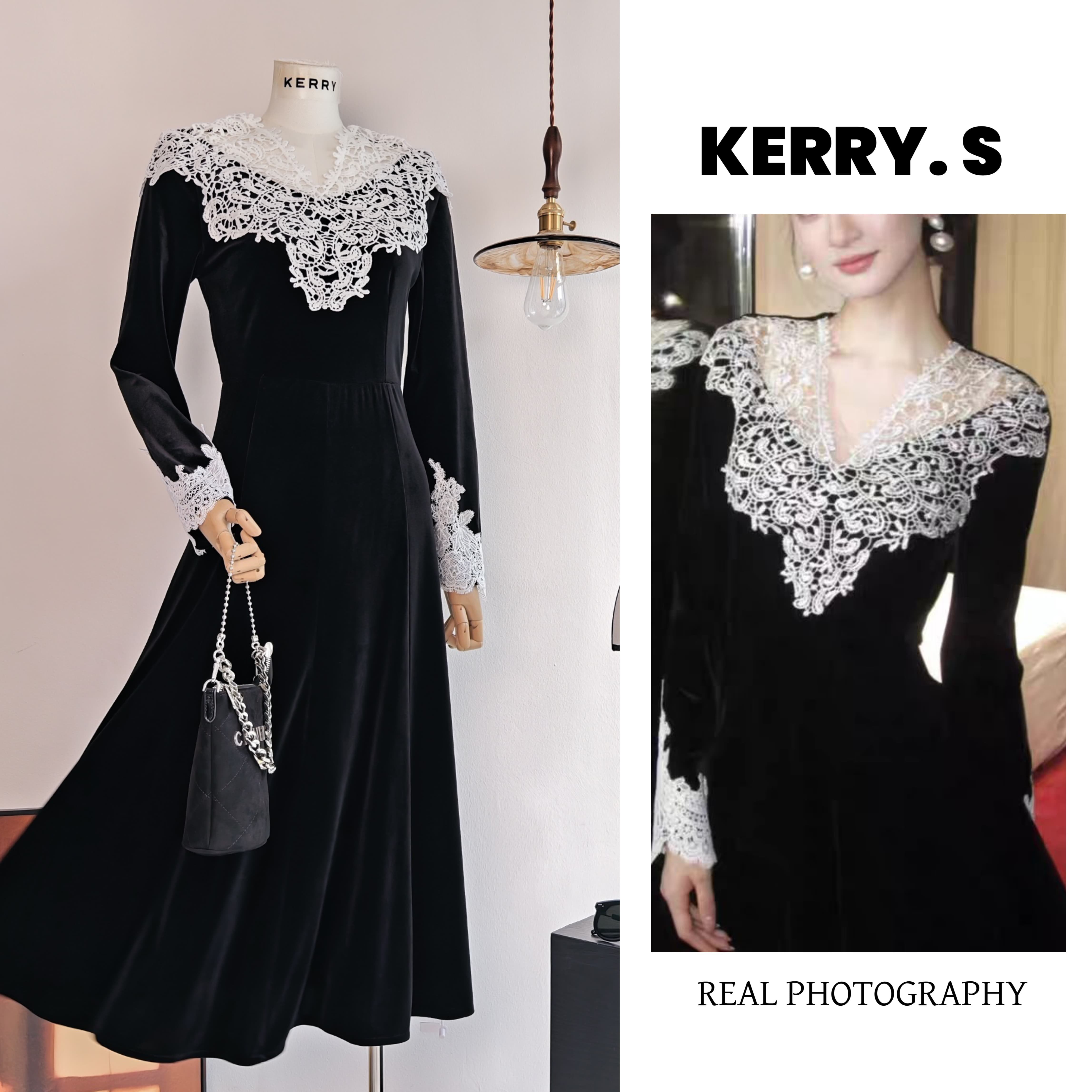 撒旦之花法式黑色蕾丝丝绒连衣裙