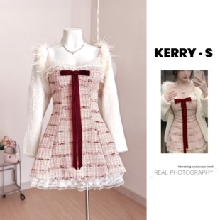 树莓甜酒 早春收腰显瘦纯欲风甜美蕾丝拼接吊带连衣裙+开衫套装女