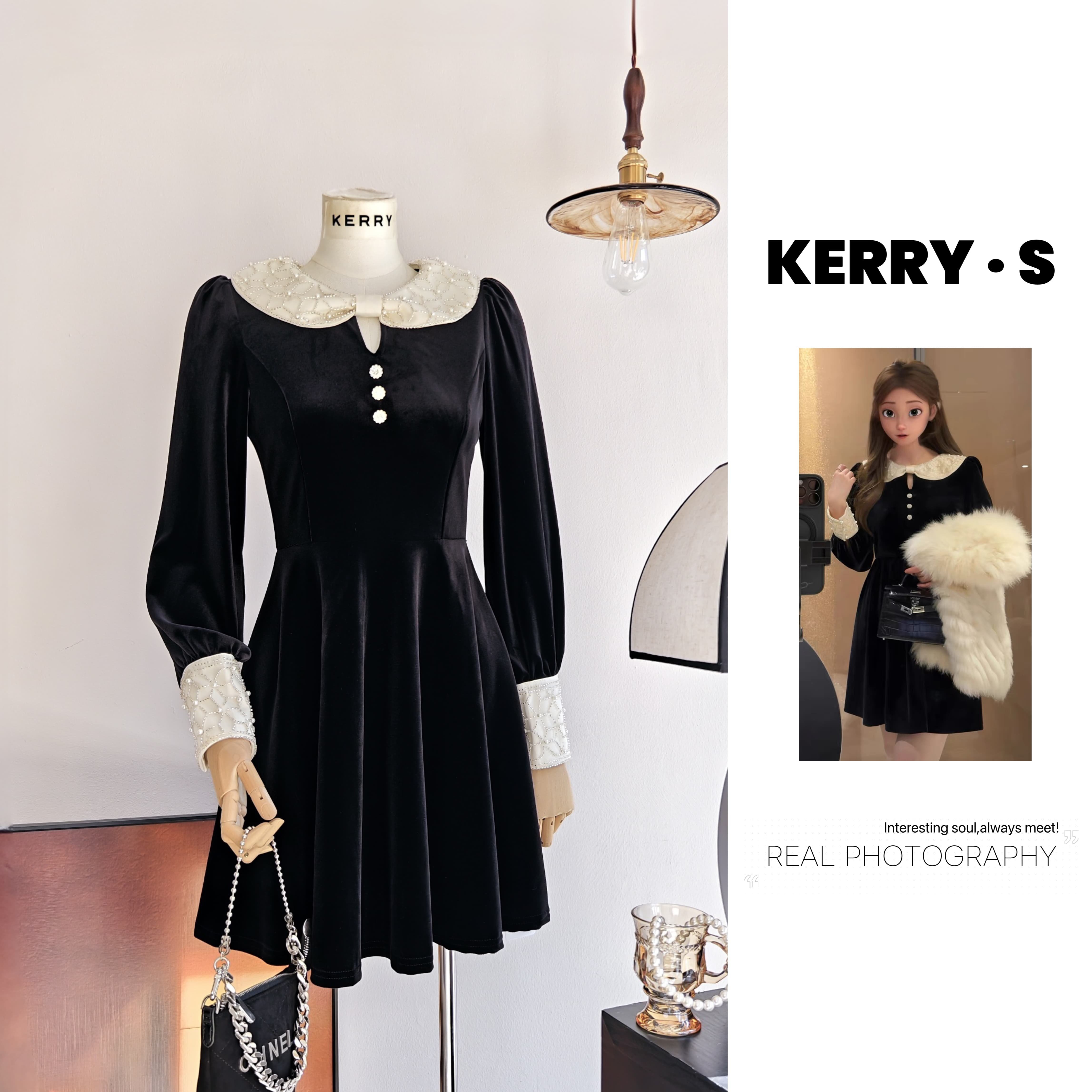 千金风黑色丝绒连衣裙