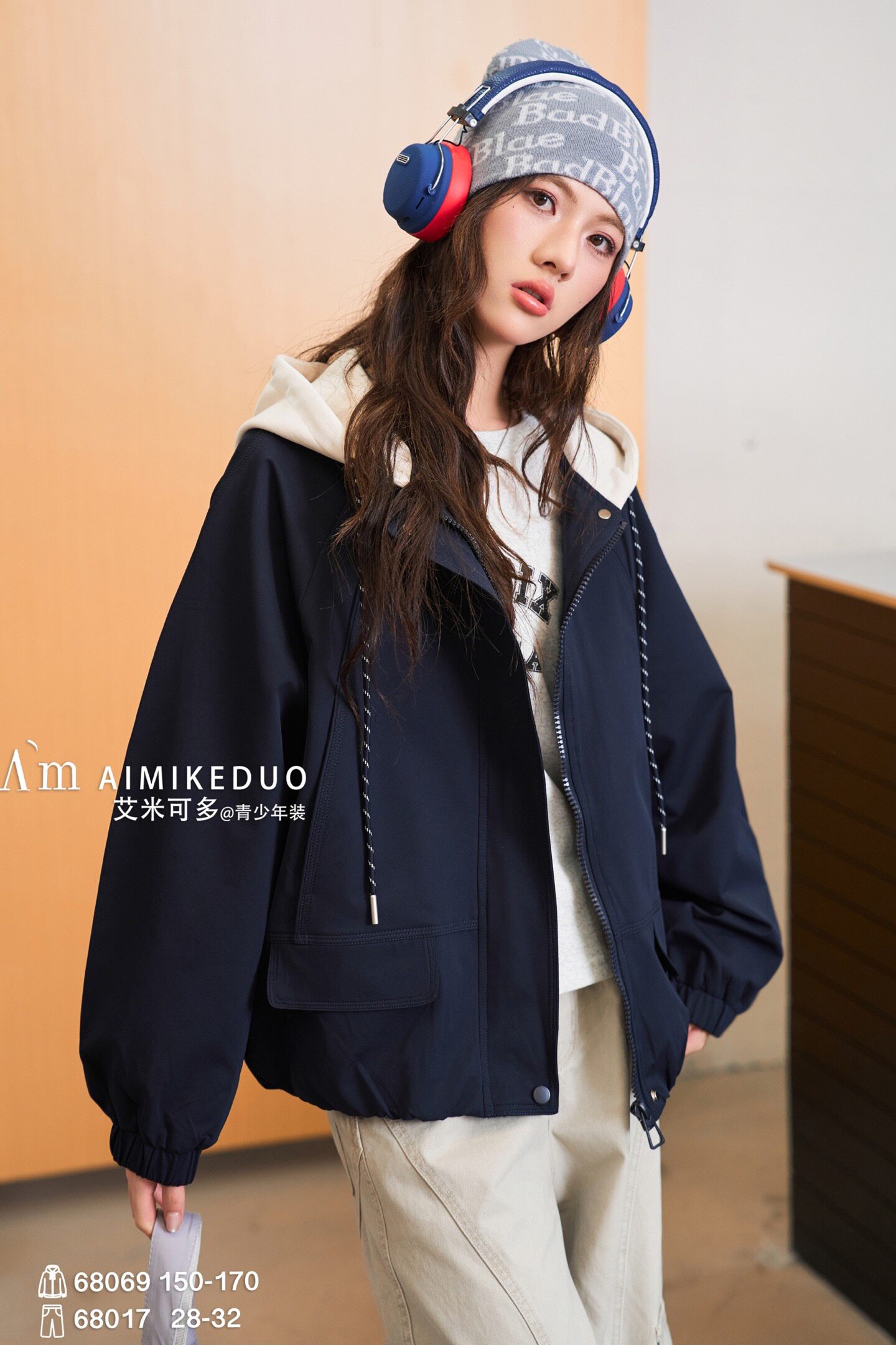 A艾米68069蓝26秋5070女大童风衣夹克冲锋衣连帽休闲宽松百搭外套