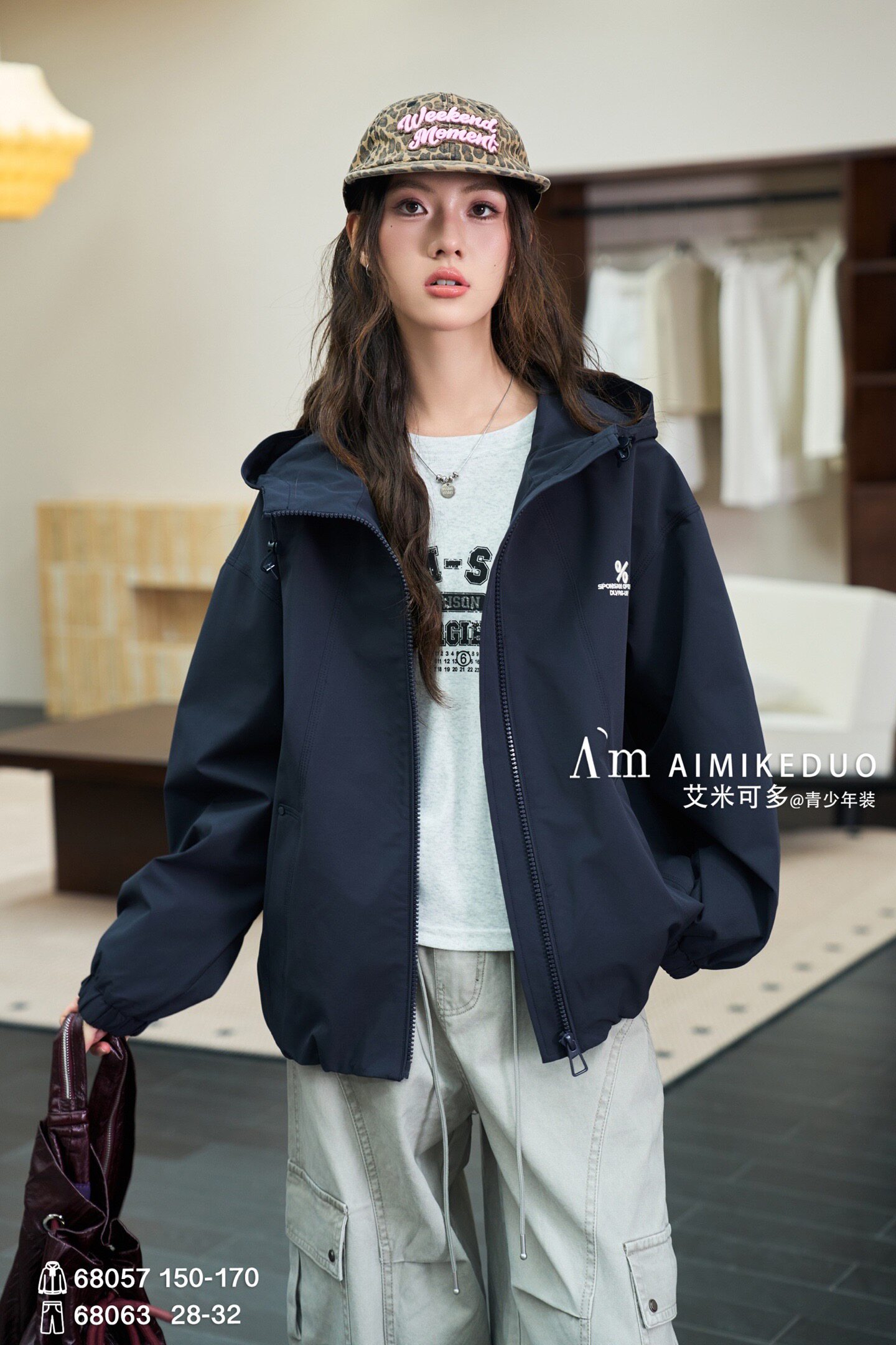 A实体店艾米68057蓝26秋5070女大童风衣夹克冲锋衣连帽休闲宽松