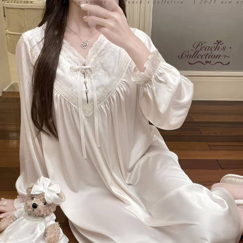 Peach's/奥法庄园 中古法式缎面睡裙精致法蕾长裙杏粉宽松睡袍