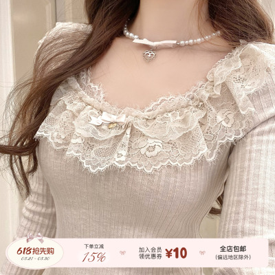 Peach's/ 少女情书2.0 千金感修身上衣蕾丝坑条修身长袖早春内搭