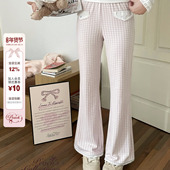 长裤 Peach 粉白格子磨毛微喇裤 针织少女显瘦休闲裤 草莓丘比特