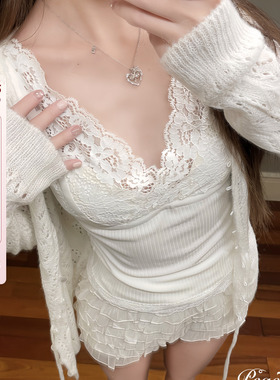 Peach's/嗲感蕾丝 纯欲两穿蕾丝吊带背心精致法式花边内搭带胸垫