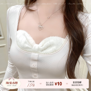 Peach's/甜心乖乖牌 浅粉蝴蝶结长袖早春磨毛拼接白女感内搭上衣