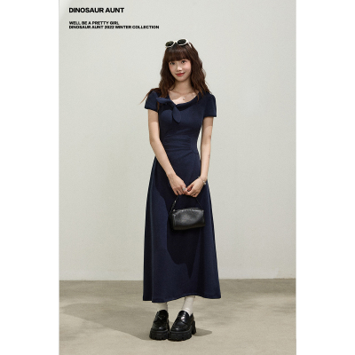 DINOSAUR AUNT恐龙阿姨 梨形天菜夏季掐腰显瘦藏蓝蝴蝶结A字长裙